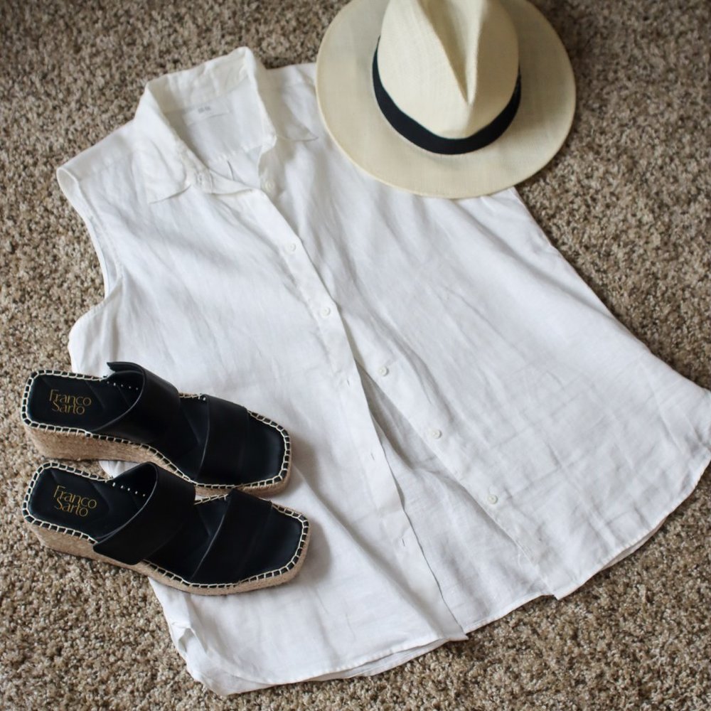 White Sleeveless Linen Uniqlo Button Down Top Sz L